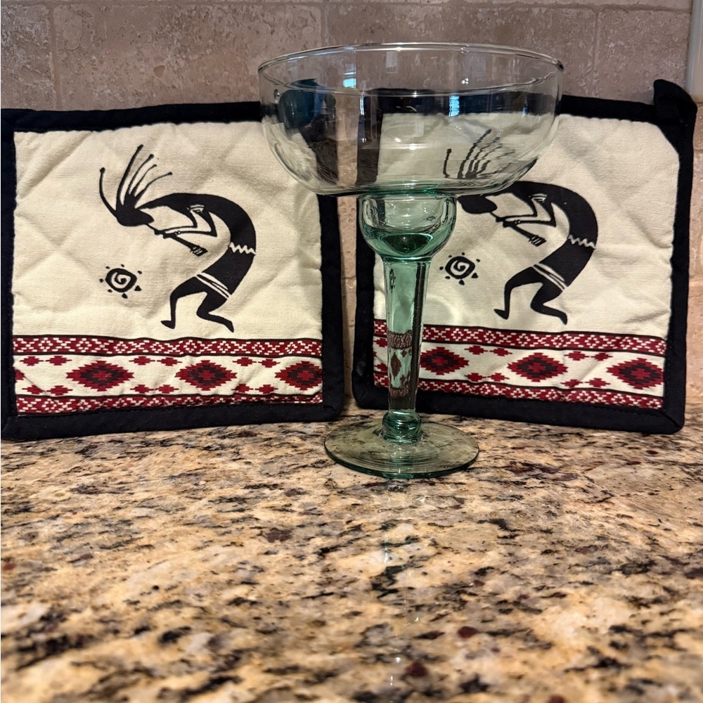 Native American & Southwest Together! 2 Potholders & Hand Blown Margarita Glass